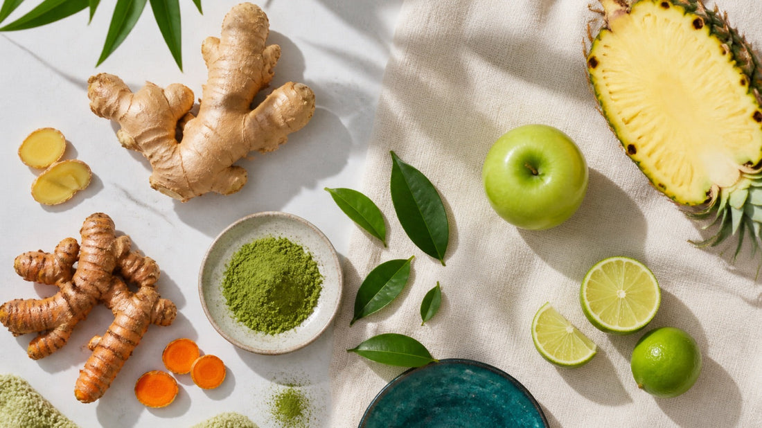 Ingredientes de jengibre, cúrcuma y matcha para elegir tu ritual VitaJuz