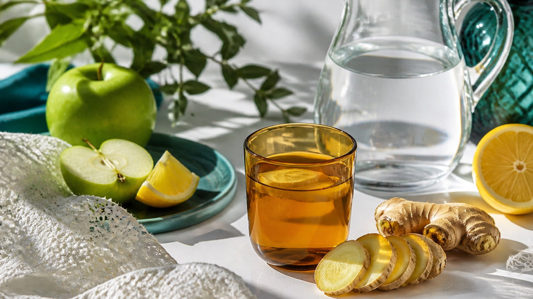 Jengibre, manzana verde y limón en una bebida matutina sin azúcar añadida