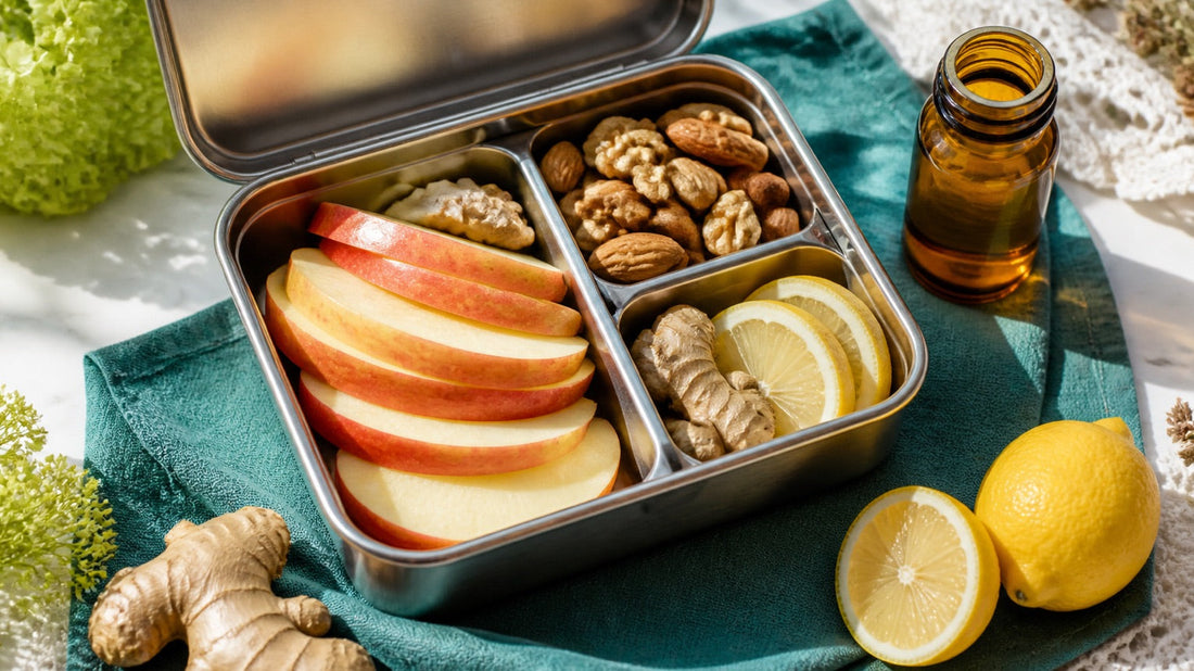 Lonchera saludable con manzana, frutos secos, limón y jengibre