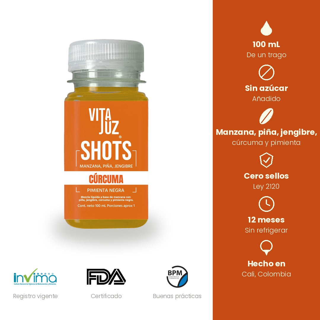 Presentación y características del shot VitaJuz de Cúrcuma