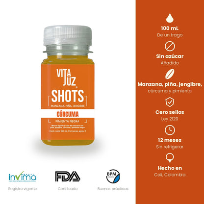 Presentación y características del shot VitaJuz de Cúrcuma