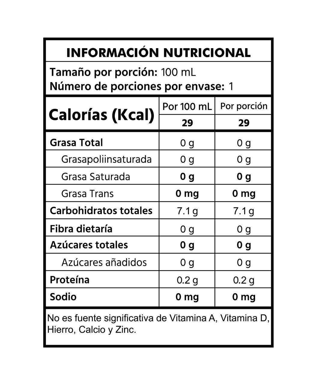Información nutricional VitaJuz por 100 ml